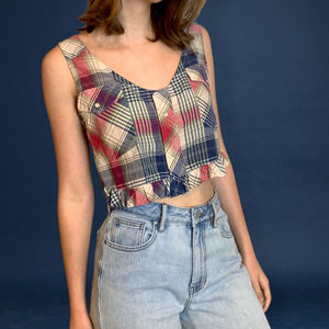 NWT Furst of a Kind plaid, sleeveless button down crop top